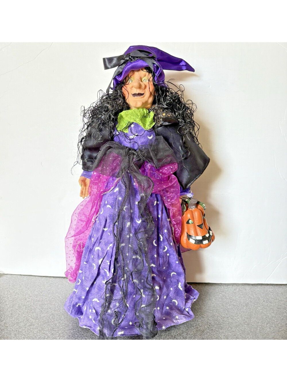 Vintage Halloween Witch Tree Topper Tabletop Decor Purple Dress w/Pumpkin 22”